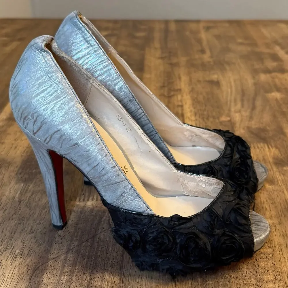 Christian Louboutin Heels Zebra Print Rose Floral Silver Black Women’s EU 37